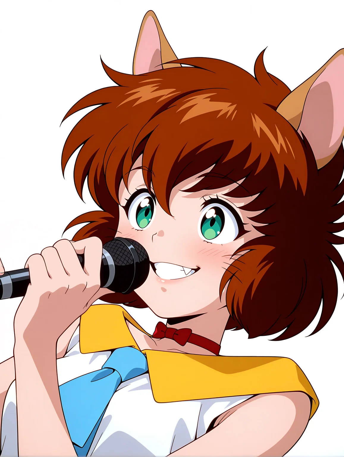 masterpiece,best quality,amazing quality,
1girl,solo,
anime screencap,<lora:koto_ilxl_v1.0:1>,koto,brown hair,green eyes,whiskers,fang out,
k_clothes,yellow collar,red ribbon choker,white sleeveless shirt,blue necktie,k_m,holding microphone,
<lora:Fixhands_anime_bdsqlsz_V1:1>,simple background,parted lips,upper_body,looking ahead,crazy_smile,laughing,