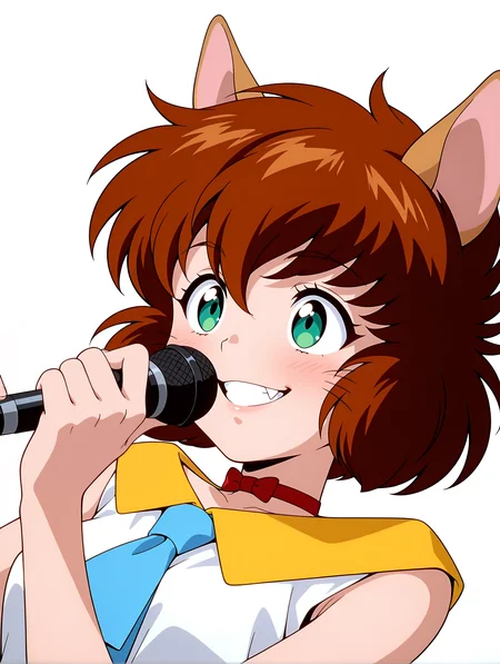masterpiece,best quality,amazing quality,
1girl,solo,
anime screencap,<lora:koto_ilxl_v1.0:1>,koto,brown hair,green eyes,whiskers,fang out,
k_clothes,yellow collar,red ribbon choker,white sleeveless shirt,blue necktie,k_m,holding microphone,
<lora:Fixhands_anime_bdsqlsz_V1:1>,simple background,parted lips,upper_body,looking ahead,crazy_smile,laughing,
