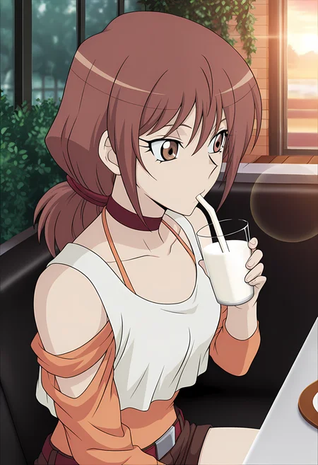 masterpiece,best quality,amazing quality,
1girl, solo, face focus,
Yuri Usui (Cardfight Vanguard), brown hair, long hair, ponytail, brown eyes,
choker, tank top, crop top over shirt, shoulder cutout, detached sleeves, bare shoulders, orange shirt, short shorts, belt, socks, boots,
cinematic, upper body, drinking milkshakes,
Sit, sitting, glass, cafe, greenery,
afternoon, sunset,
Lens flare, bloom,
Official style, anime screencap, anime coloring,
