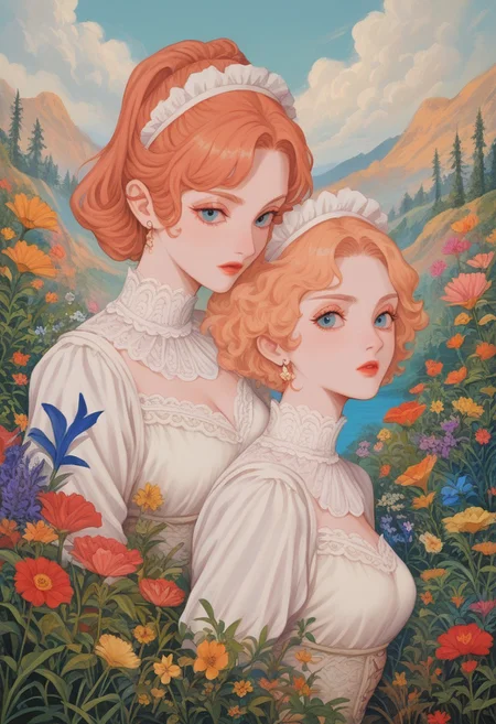 score_9, score_8_up, score_7_up,
masterpiece, best quality, detailed, amazing quality,
detailed background, colorful, painting,
detailed eyes, clean eyes,
dynamic pose,
2women, multiple women,
easynegative, flowers