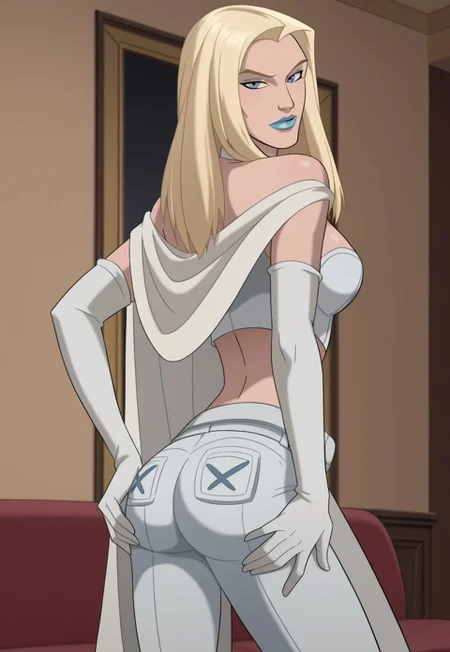 safe_pos, PonyXLV6_Scores BREAK (((parody, animification:1.2)), perfect anatomy, cowboy shot), emma frost, blonde hair, long hair, blue eyes, flirting, ((looking back at viewer)), blue lips, lipstick, cape, elbow gloves, belt, pants, curvy, toned, athletic, standing, hand on own ass, ass support, sexually suggestive, indoors