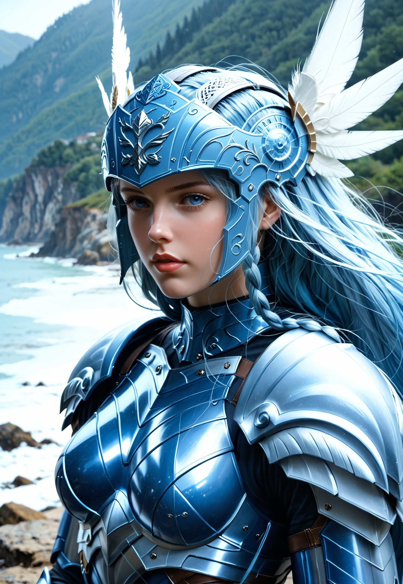 Beautiful woman, 24 years old. Fair skin. Smooth skin. Silvery blue hair. Incredible detail, high clarity. Free hair with braids. Long hair. Lips. 

Valkyrie helmet, winged helmet, beaked helmet.

Deep blue armor, metal armor, smooth armor. White pleated skirt. Good anatomy. Detailed face. 
