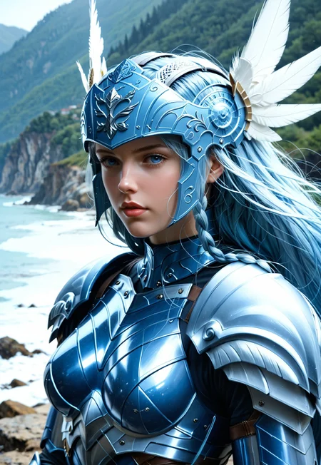 Beautiful woman, 24 years old. Fair skin. Smooth skin. Silvery blue hair. Incredible detail, high clarity. Free hair with braids. Long hair. Lips.
Valkyrie helmet, winged helmet, beaked helmet.
Deep blue armor, metal armor, smooth armor. White pleated skirt. Good anatomy. Detailed face.