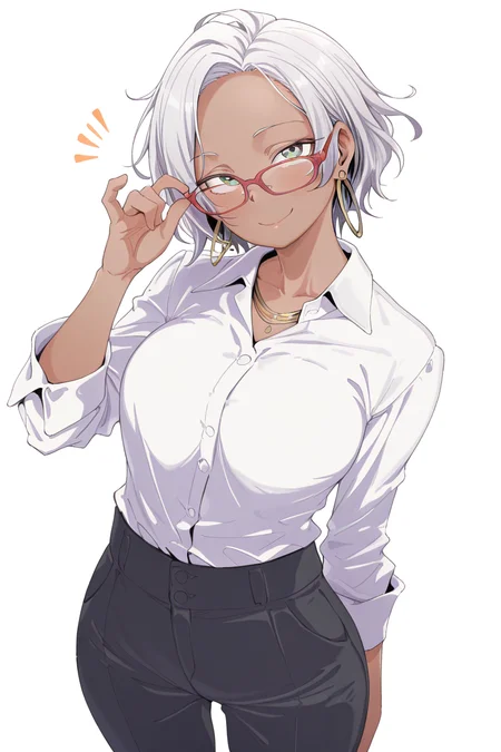 masterpiece, best quality, amazing quality,
 <lora:Eito_IL:1> eito, 1girl, solo, jewelry, dark-skinned female, glasses, red-framed eyewear, smile, dark skin, earrings, pants, green eyes, hoop earrings, white background, shirt, adjusting eyewear, white shirt, formal