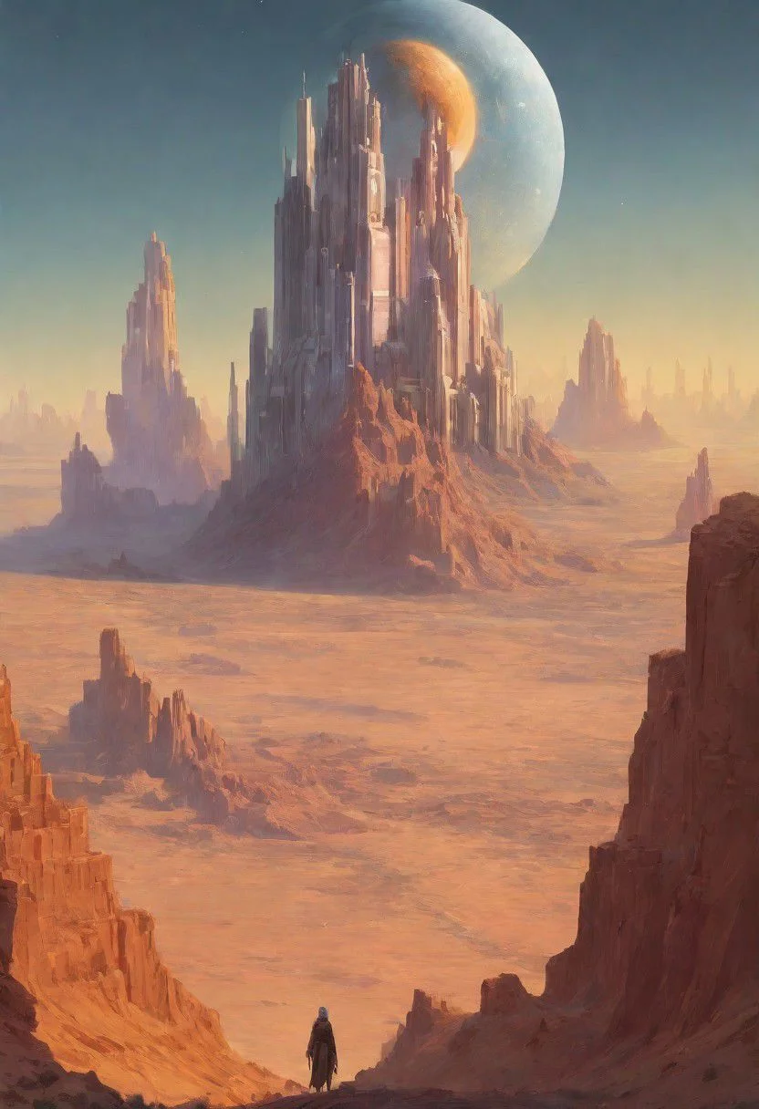 celestial sky, Loish, Leyendecker, james gilleard, celestial, ethereal, massive structure in distance, giant city, lost in desert