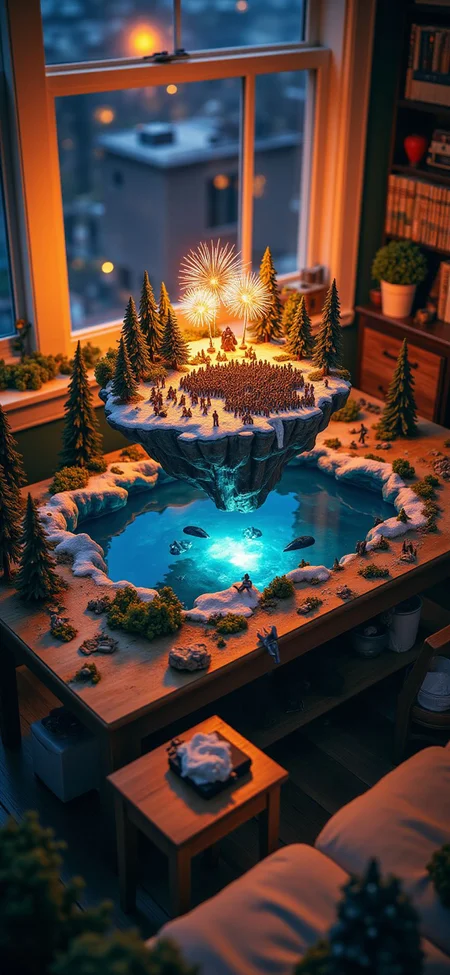 (indoor,very wide isometric view,tilt-shift lens:1.6), (windowless,fna_style,miniature,miniature,diorama,miniature,diorama,PVC,plastic:2),sunset snow,forest,led with fiber lights,fireworks,concert with crowded at (floating island,levitating island:1.5) on (table:2) at (attic:2.5) <lora:Diorama_Flux:1>
<lora:Fantasy_Novel_Art_Style:1>