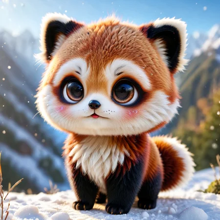 pam-swtvrld red panda,himalaya mountains background,warm light, snow,full depth of field and realistic textures,highly detailed,masterpiece,high quality