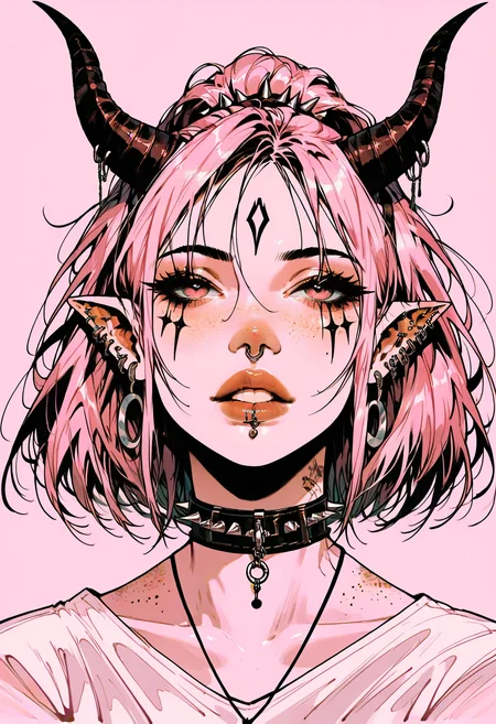 score_9, score_8_up, score_7_up score_9, score_8_up, score_7_up, score_6_up, score_5_up, score_4_up,
<lora:GothGirlAestheticV5-000015:1> g0th,
1girl, horns, piercing, nose piercing, solo, nose ring, pointy ears, facial mark, jewelry, collar, freckles, ear piercing, spikes, earrings, spiked collar, forehead mark, portrait, lip piercing, choker, simple background, pink background, parted lips