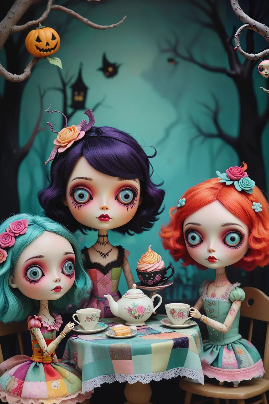 Imagine a whimsical tea party with a group of adorable patchwork dolls â each with their own unique personality and style,the dolls have bright vibrant colors and an endearing expressions with patchwork faces and flowing hair in the enchanting world of Mab Graves.colorful outfits,intricate stitching,and sweet treats that adorn the table,creating a spooky & sureal scene,<lora:TQ_-_Puppet_Dolls_In_Danger:0.8>,intricate background,