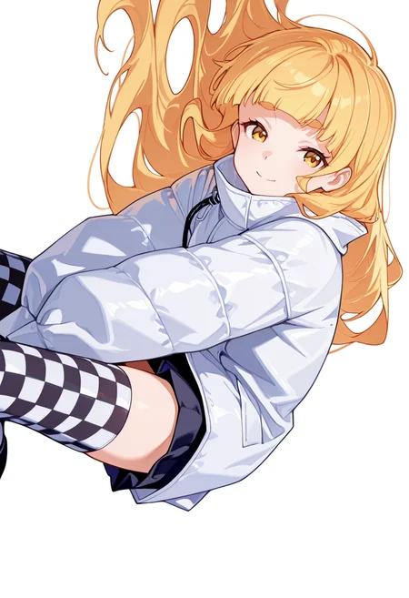 masterpiece,high quality details,absurdres, 
<lora:Shiraki_Hime:0.8>
hime_cnr, 1girl, blonde hair, very long hair, yellow eyes, blunt bangs, thick eyebrows,, simple background, white background, sideways,solo,, ^ ^,, doctor coat  ,windbreaker,flared skirt,  ,checkered legwear thighhighs,
