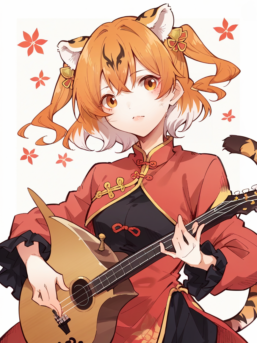 score_9, score_8_up, score_7_up, score_6_up, score_5_up,  <lora:orionlineXLP:1> orionline, chinese clothes, instrument, tiger ears, two side up, frilled shirt, 1girl,