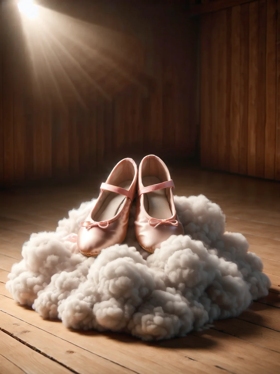 ais-cloudz pair of ballet shoes on a wooden stage with soft spotlight <lora:Cloudz_Style_SDXL:1>