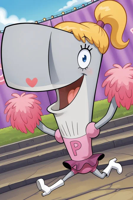 masterpiece, best quality, amazing quality, absurdres, solo, pearlkrabs, grey skin, smile, open mouth, pom pom \(cheerleading\), jumping, looking at viewer, dutch angle, blonde hair, ponytail, pink dress, purple skirt, white heels, outdoors, stage