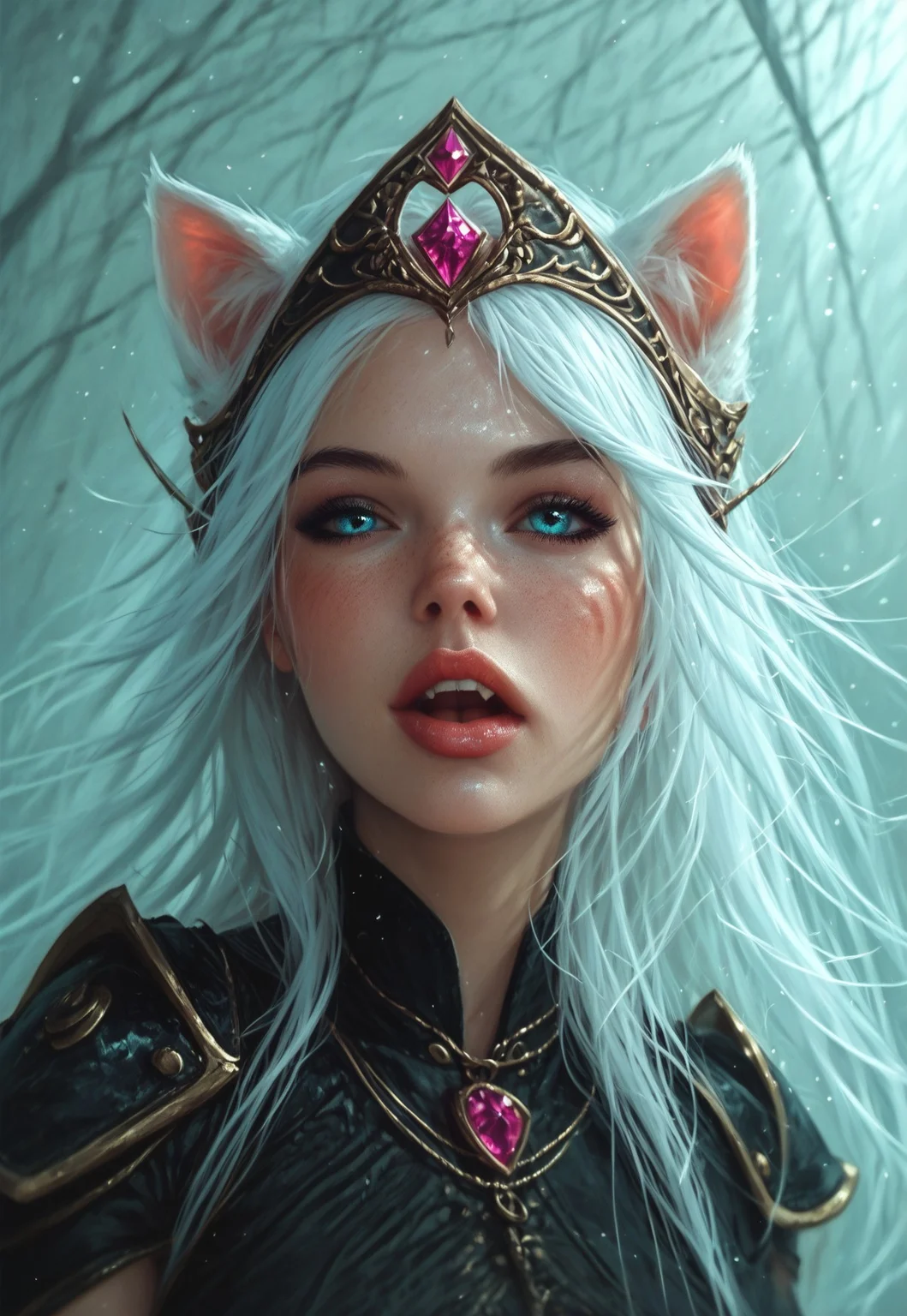 score_9, score_8_up, score_7_up, score_6_up, score_5_up, score_4_up, realistic, photo, dynamic angle, dramatic shadows, raw lighting, BREAK, 1girl, (cute)1.2, innocent and alluring, SyndraNormal, 1woman, solo, witch_outfit, crown, outdoor, dark_sphere, Style-Winter, detailed face, <lora:paw-pose-ponyxl-lora-nochekaiser:1>, paw pose, cat ears, cat tail, animal ears, tail, cat girl, open mouth, fang