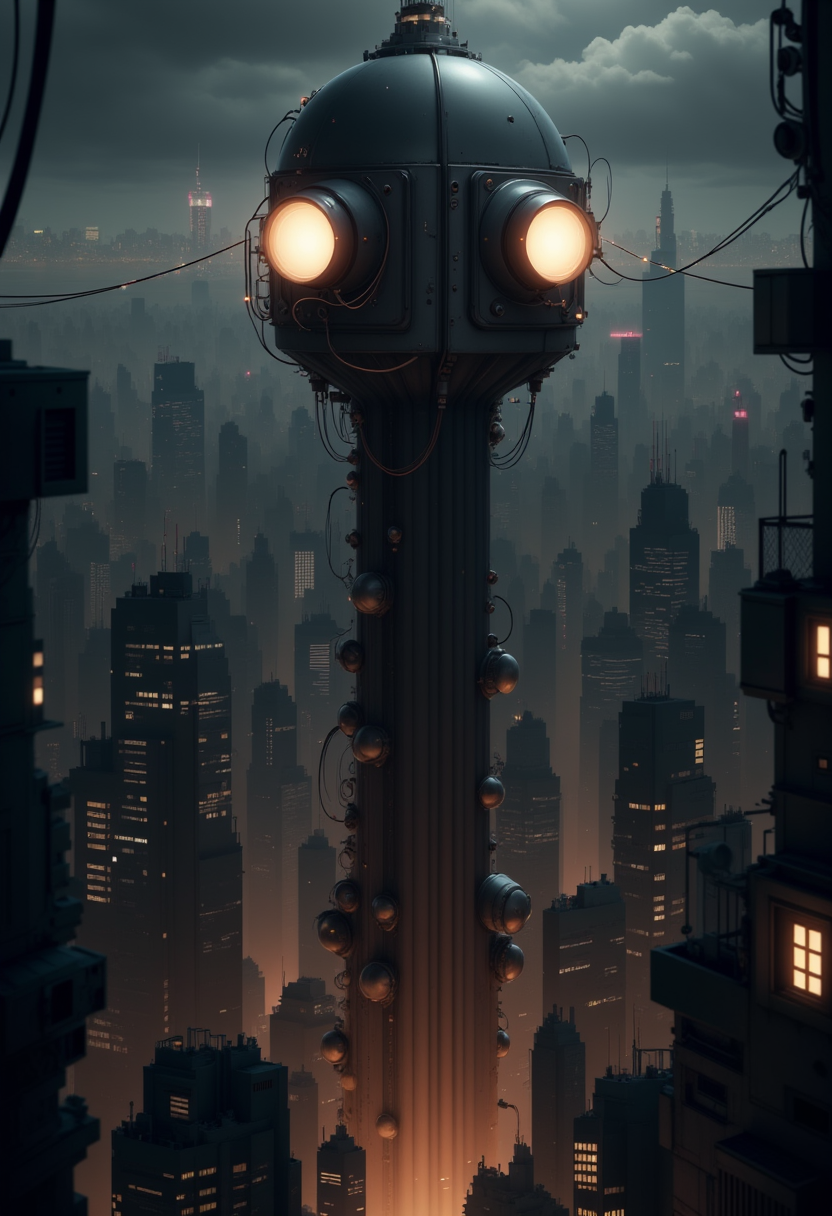 YFG-SpyWorld50s The image is a digital illustration of a futuristic cityscape at night. The city is filled with tall buildings of various sizes and shapes, all of which appear to be made of concrete or metal. The buildings are densely packed together, creating a chaotic and chaotic scene. In the center of the image, there is a tall, cylindrical structure with a dome-like structure on top. The structure is made up of multiple pipes and wires, and there are two large round lights on either side of the dome. The lights are turned on, casting a warm glow on the city below. The sky is dark and cloudy, and the city is lit up by a faint orange glow, giving the image a mysterious and eerie atmosphere.