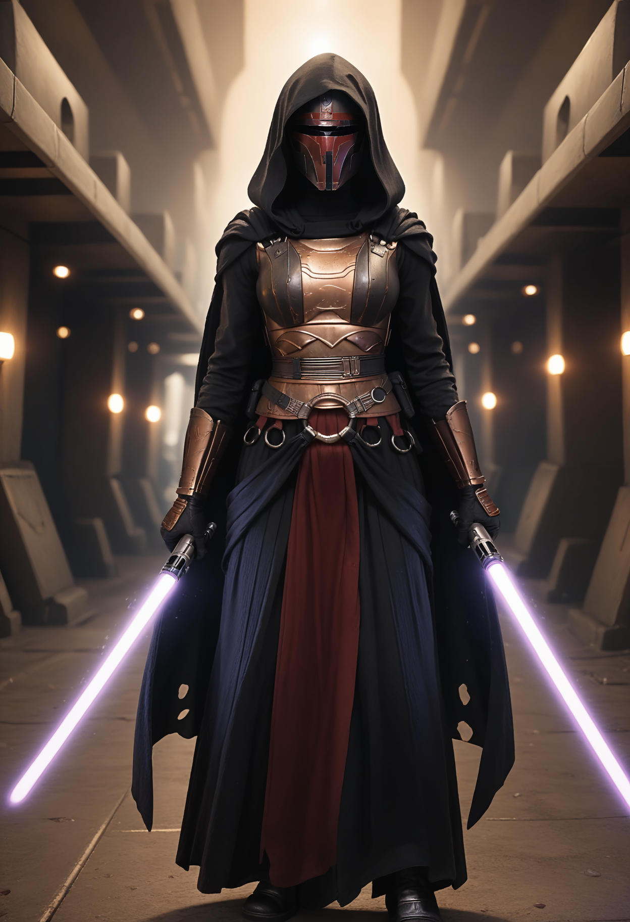 score_9, score_8_up, score_7_up,
1girl, solo,
depth of field,
<lora:Dark_RevanArmor_Pony:0.7> d4rkr3v4n4rm0r, black robe, cape, hood up, mandalorian helmet, breastplate, gauntlets, belt, pants, belt boots, holding lightsaber, dual wielding, purple lightsaber, red lightsaber, realistic,
