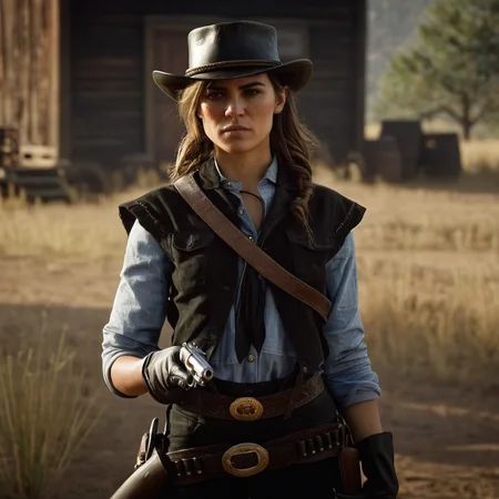 cinematic film still of cinematic film still of  <lora:Red Dead Redemption style:1>
a woman in a cowboy outfit holding a gun,1girl,solo,looking at viewer,brown hair,gloves,hat,holding,brown eyes,weapon,outdoors,belt,pants,holding weapon,blurry,vest,gun,blurry background,holding gun,rifle,handgun,realistic,holster,trigger discipline,submachine gun,cowboy hat,shotgun,cowboy western , epic, Western, adventures, outlaw, Red Dead, Western United States, wild west, cowboy, cowgirl, Open world, 1900's, realistic, cinematic, film look, dramatic light, partially covered in shadows, gang, Western-themed action-adventure, Red Dead Redemption style, shallow depth of field, vignette, highly detailed, high budget, bokeh, cinemascope, moody, epic, gorgeous, film grain, grainy