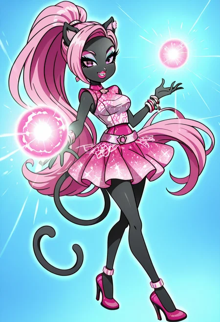 masterpiece, best quality, solo, curvy, beautiful eyes, narrow waist, wide hips, 1girl, solo, smile, looking at viewer, foreshortening, close up, anime screenshot, ,<lora:CattyNoirMH_IXL:0.9>, zzCattyNoir, pink eyes, pink eyeshadow, long hair, pink hair, ponytail, tail, very long hair, black skin, cat ears, cat tail, makeup, sleeveless, pink skirt, idol, jewelry, eyeshadow, high heels, lipstick, C0utur3Cr4z3, <lora:CoutureCraze_IXL:0.6>,,vivid aura, looking at viewer, blue background, smug, aura, super saiyan, charging energy, energy ball, energy, lightning, <lora:DBSBroly_Style_IXL_v2:0.6>,