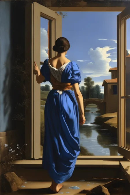 <lora:Nicolas Poussin Style:1>Nicolas Poussin Style - Medium shot of a woman with a blue dress from the back in front of a window where a peaceful stream flows, Nicolas Poussin painting style