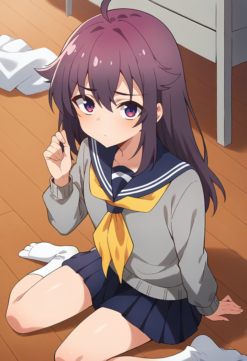 score_9, score_8_up, score_7_up, source_anime, masterpiece, 1girl, ct_ank0, grey sweater, blue sailor collar, yellow neckerchief, puffy sleeves, blue miniskirt, shiny skin, looking at viewer, indoors, wooden floor, portrait, sitting, from above, foreshortening, white socks, hand up, <lora:Anko_Koshi_Pony_ct:0.9>