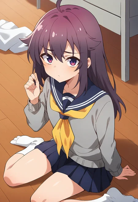 score_9, score_8_up, score_7_up, source_anime, masterpiece, 1girl, ct_ank0, grey sweater, blue sailor collar, yellow neckerchief, puffy sleeves, blue miniskirt, shiny skin, looking at viewer, indoors, wooden floor, portrait, sitting, from above, foreshortening, white socks, hand up, <lora:Anko_Koshi_Pony_ct:0.9>