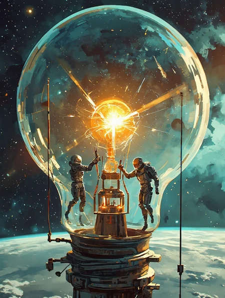 Epic sci-fi scene inside a giant glowing light bulb as a spaceship, ultra-detailed, cyberpunk style. Tiny astronauts in sleek metallic suits with glowing visors repair the broken filament using laser tools. Through the bulb's glass, a vast starry cosmos with nebulae and distant galaxies is visible. Warm golden light from the filament contrasts with cold blue cosmic shadows. Surreal scale, intricate machinery on the bulb's base, lens flares, sci-fi holograms near the crew. Dramatic angle from inside the bulb, 8k, hyper-realistic, digital painting, cinematic lighting, UNI_SCI_FI_CORE