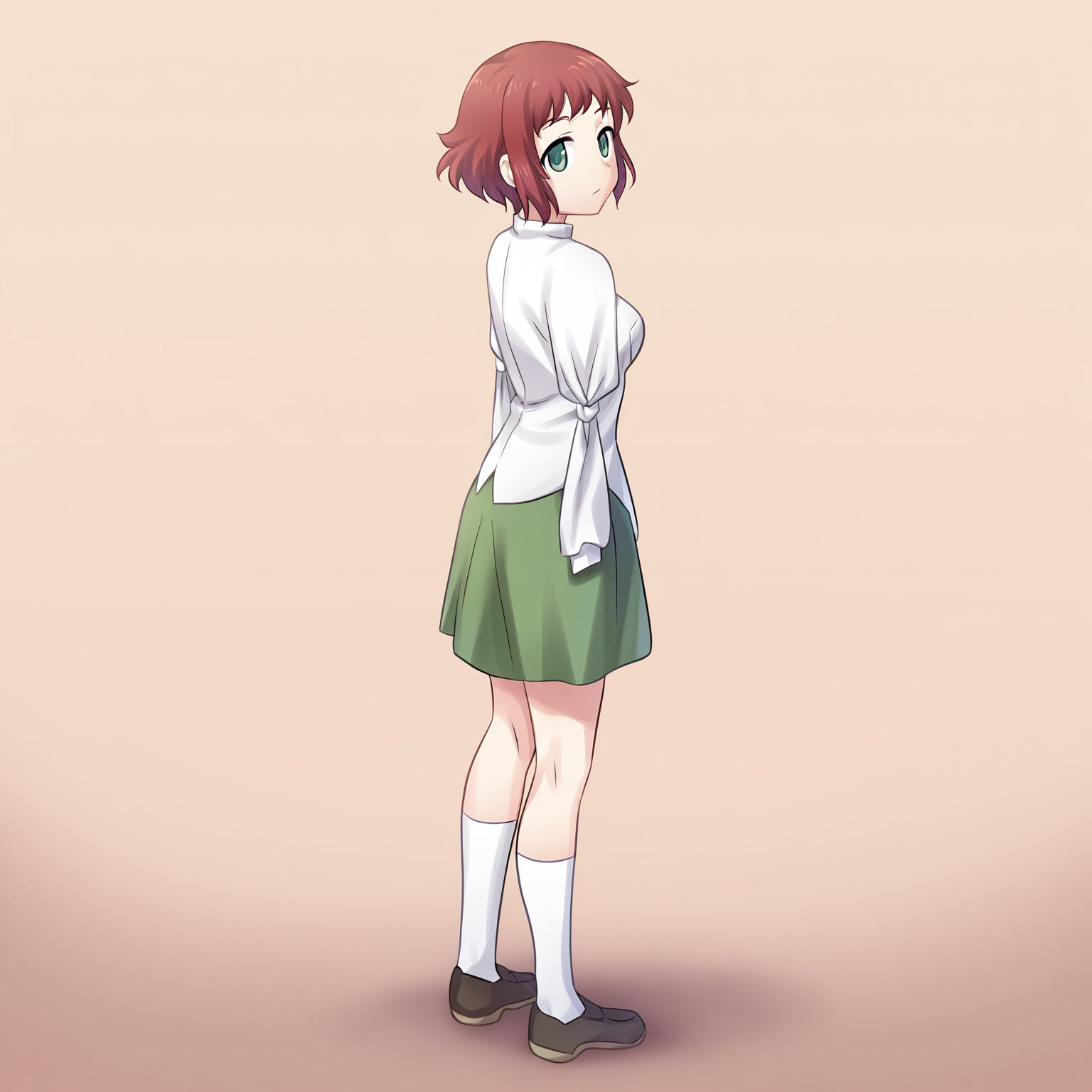 masterpiece, best quality, amazing quality, very aesthetic, absurdres, newest,
1girl, solo, standing, looking at viewer, full body,
<lora:Katawa_Shoujo_charpack_illust-000011:1>, katawa shoujo, yamaku high school uniform, tezuka rin, red hair, short hair, green eyes, armless amputee, double amputee, tied sleeves, (light smile:0.5), expressionless, looking up, looking to the side,
game cg, simple background,