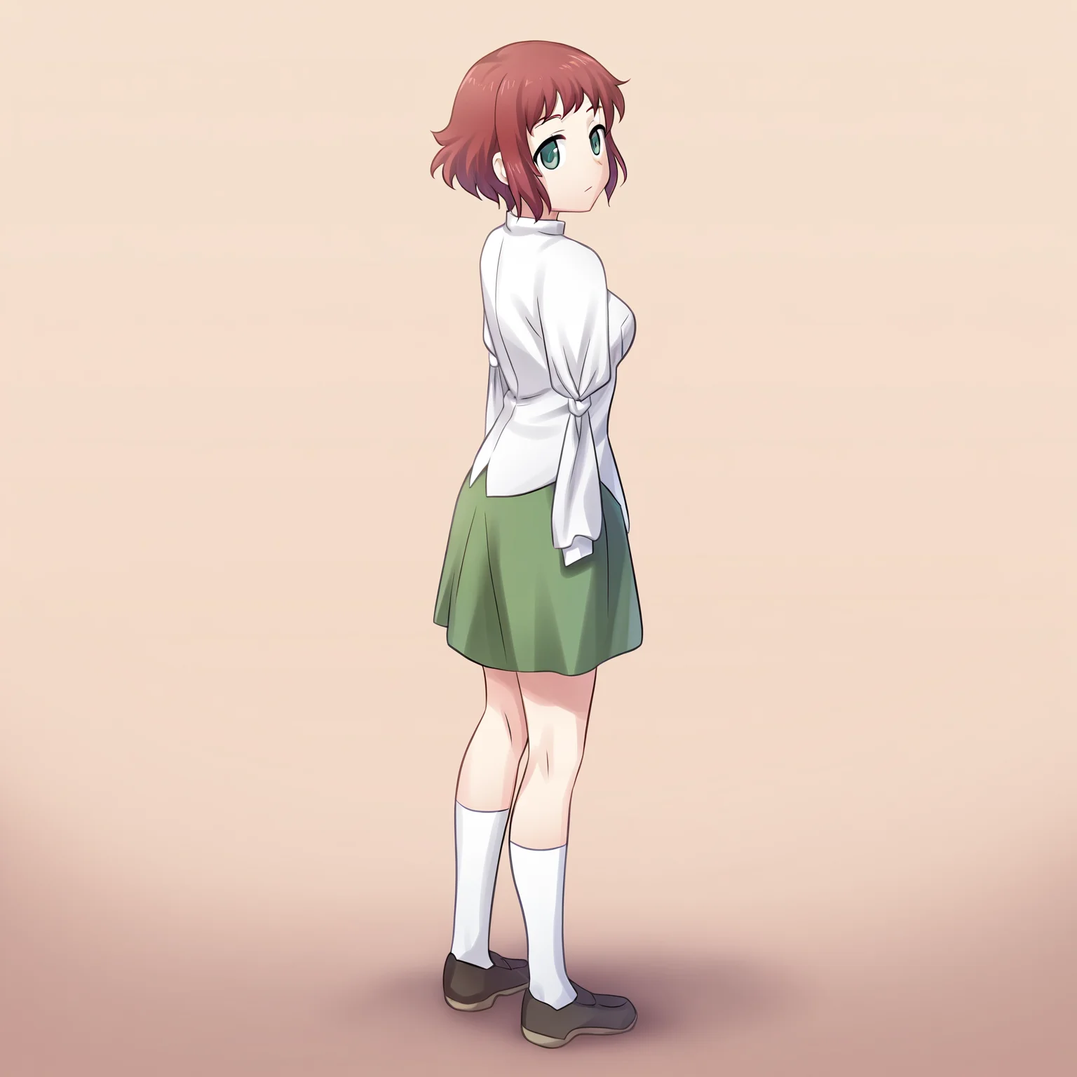 masterpiece, best quality, amazing quality, very aesthetic, absurdres, newest,
1girl, solo, standing, looking at viewer, full body,
<lora:Katawa_Shoujo_charpack_illust-000011:1>, katawa shoujo, yamaku high school uniform, tezuka rin, red hair, short hair, green eyes, armless amputee, double amputee, tied sleeves, (light smile:0.5), expressionless, looking up, looking to the side,
game cg, simple background,