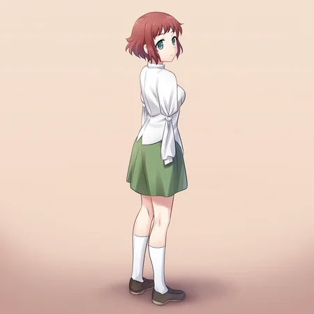 masterpiece, best quality, amazing quality, very aesthetic, absurdres, newest,
1girl, solo, standing, looking at viewer, full body,
<lora:Katawa_Shoujo_charpack_illust-000011:1>, katawa shoujo, yamaku high school uniform, tezuka rin, red hair, short hair, green eyes, armless amputee, double amputee, tied sleeves, (light smile:0.5), expressionless, looking up, looking to the side,
game cg, simple background,
