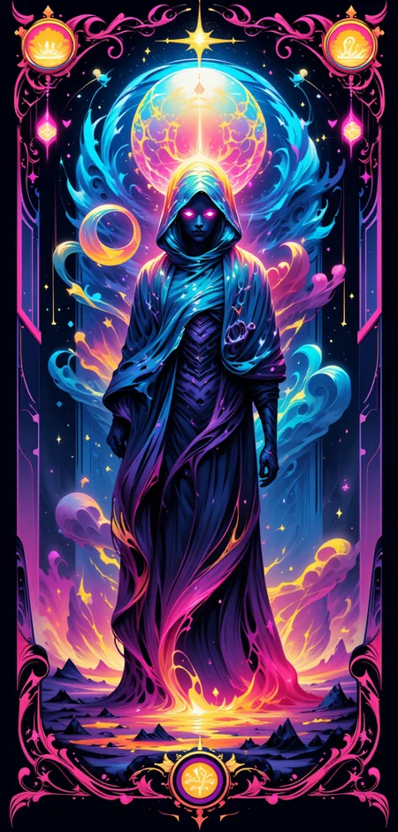 "A stylized Tarot card titled 'The Neon Oracle,' featuring a figure shrouded in a flowing cloak of glowing, digital fabric that pulses with vibrant, electric colors. The Oracle stands before a floating, holographic sphere that displays a shifting array of cosmic symbols and ancient runes. Their eyes are illuminated with a soft, otherworldly glow, reflecting the knowledge of both the digital and cosmic realms. The background is a blend of swirling, neon-infused clouds and geometric, technetic patterns, creating a sense of deep mystery and infinite wisdom. The cardâs border is intricately designed with a combination of floral motifs and futuristic circuitry, glowing softly in vibrant, ethereal tones."
<lora:abstract_render_flux:0.4>,<lora:Painted_World_Flux:0.8>,<lora:Dreamwave_FLUX:0.6>,<lora:dreamlands_flux:0.6>,