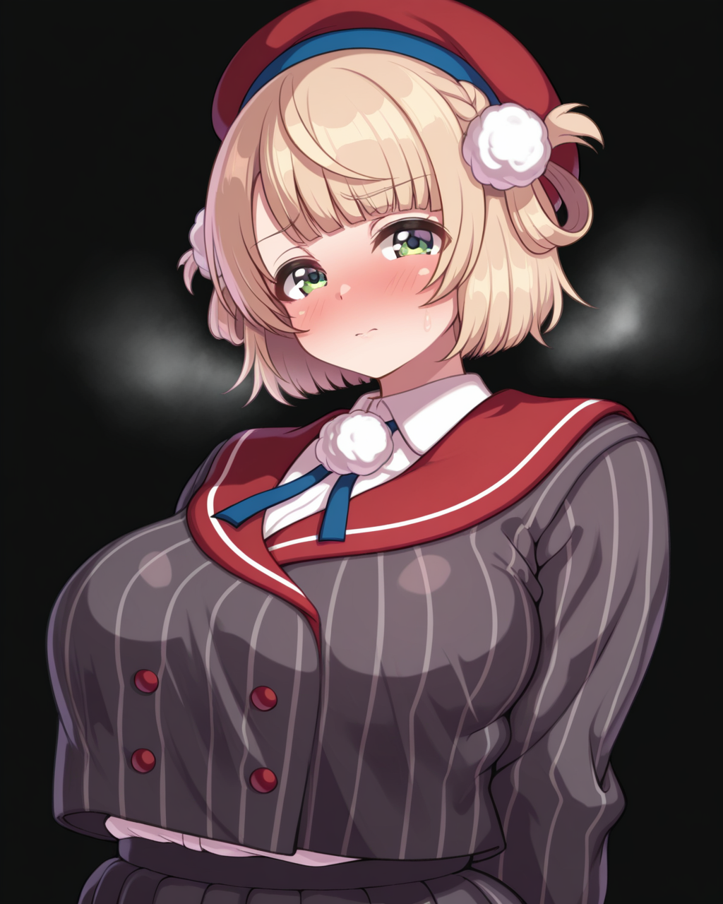 1girl, solo, shigure ui \(vtuber\),green eyes, blonde hair, short hair,hair rings,pom pom hair ornament,beret,grey striped jacket,red sailor collar,pom pom \(clothes\), large breasts, curvy, plump, katatsumuri, blush, shiny skin, steam, looking at viewer, upper body, simple background, black background, masterpiece, best quality, very aesthetic, absurdres