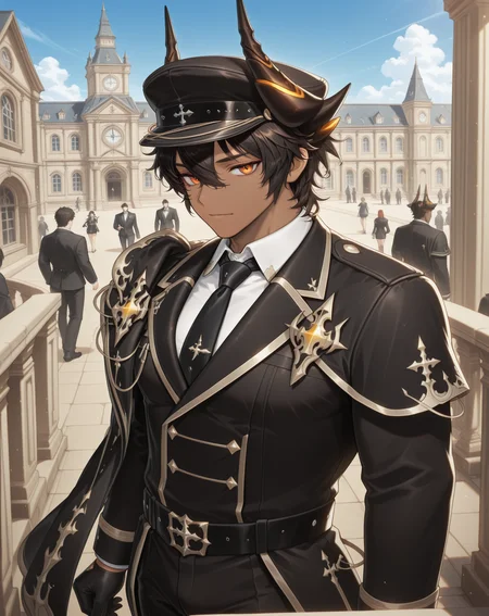 masterpiece,best quality,amazing quality, newest, very aesthetic, absurdres,
1boy, solo, yaoi, male focus, looking at viewer, cowboy shot, standing,
<lora:Sol_Bellium_Platoon:1> solbp, dragon horns, hair between eyes, dark-skinned male, dark skin, black hair,short hair, orange eyes,
formal, tuxedo, neck ribbon, white shirt, collared shirt, black pants, shoes, black footwear, suit jacket, black jacket,
outdoors, day, blue sky, building, people,