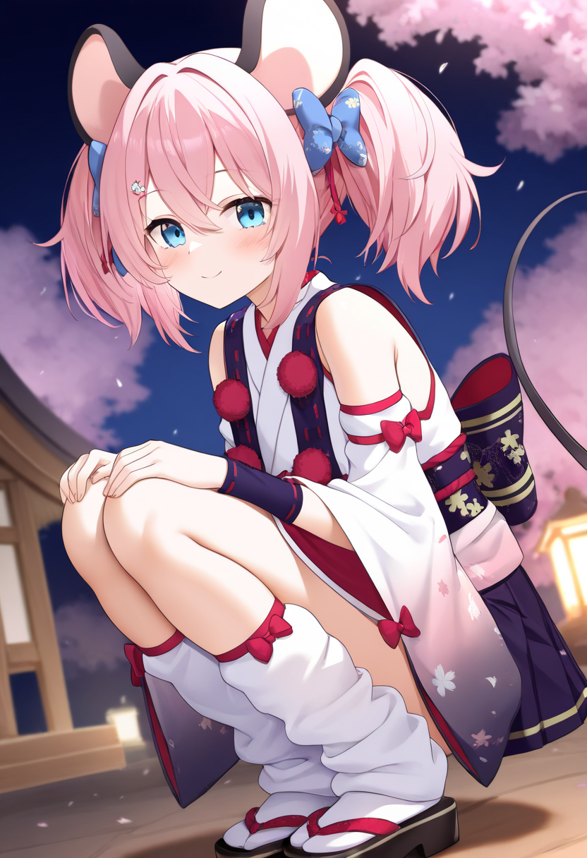 1girl,solo,un_(show_by_rock!!),<lora:unsb69il:0.9>,pink hair,animal ears,blue eyes,mouse ears,twintails,tail,mouse tail,hair ornament,hair bow,japanese clothes,detached sleeves,skirt,kimono,obi,wide sleeves,sleeveless kimonos,white socks,loose socks,zouri,looking_at_viewer,cowboy_shot,dynamic_angle,smile,legs_together,squatting,leaning_forward,closed mouth,hands on own knees,shrine,night,cherry_blossoms,masterpiece,best quality,good quality,newest,incredibly absurdres,