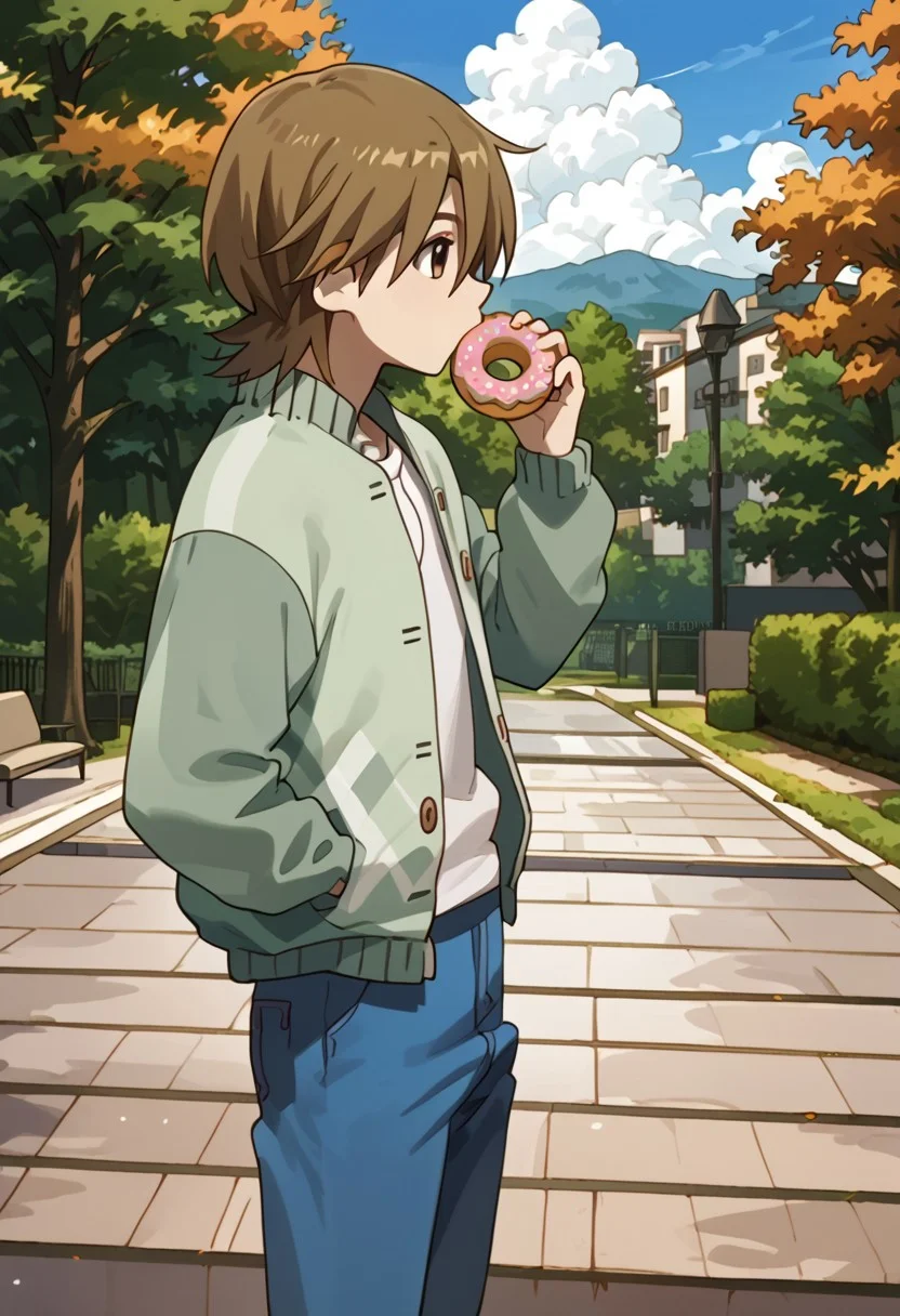 score_9, score_8_up, score_7_up, score_6_up, highly detailed,Good Colors, Good Shading, Good Eyes, Contrast Shading, male focus, slim, skinny, slim body, young man, correct anatomy, Yasaburo, 1boy, male_focus, brown hair, brown eyes, white shirt, blue pants, brown shoes, green jacket, park, , eating donut, autumn, side view