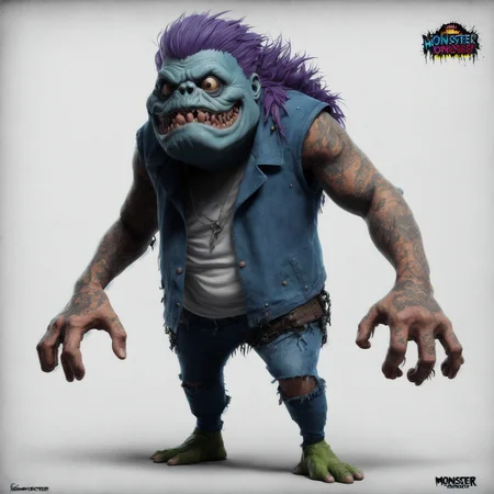 Fantz cartoon monster|(troll:0.3) design, ultra detailed, random colors, punk hair, and punk costume, <lora:Small_Mostersv2:0.4> <lora:Creature_Design2_V1:0.4>