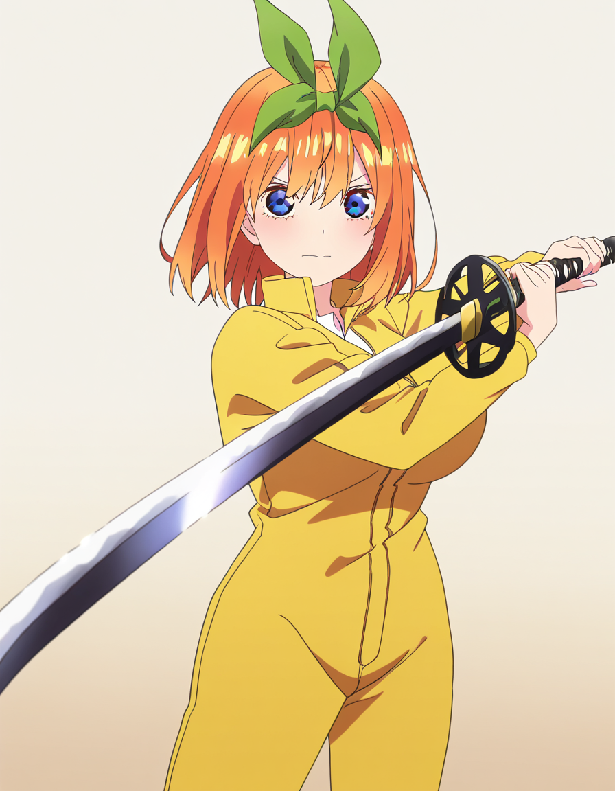 masterpiece, best quality, newest, absurdres, highres, safe,, <lora:yotsuba-nakano-s2-ponyxl-lora-nochekaiser:1>, yotsuba nakano, bangs, short hair, blue eyes, hair between eyes, hair ribbon, hairband, orange hair, green ribbon, large breasts, anime screencap, <lora:sword-guard-stance-illustriousxl-lora-nochekaiser:1>, sword guard stance, sword, weapon, solo, katana, holding, holding weapon, holding sword, looking at viewer, jumpsuit, yellow jumpsuit, high collar, cowboy shot, pants,, ,