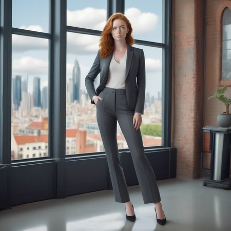 <lora:sophie-molgrin_xl:0.75> sophie-molgrin in a chic urban loft, standing by a large window with city views. Sheâs dressed in a fashionable outfitâhigh-waisted trousers and a tailored blazer. Her posture is confident and relaxed, with a contemplative look as she gazes out over the cityscape.