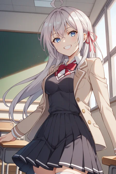 score_9, score_8_up, score_7_up, source_anime, 1girl, prefect lighting, very aesthetic, intricate details, highly detailed background, masterpiece, high quality, prefect hands, best quality, solo,
<lora:Alisa_Mikhailovna_Kujou_ASHHFIR_V1:.85>, KJOalisa, white hair,  light blue eyes, long hair, hair between eyes, ahoge, hair ribbon, 
school uniform, beige blazer, black vest, white thighhighs, skindentation, 
smile, teeth, dutch angle, cowboy shot, 
 School, classroom, Daytime,
(Beautiful, medium Breasts:1.2), natural breasts,