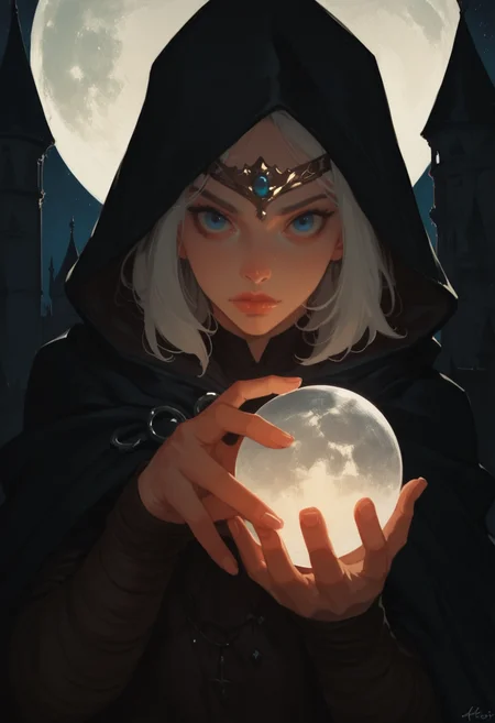 1girl, blue eyes, solo, looking at viewer, hood, white hair, cloak, freckles, moon, upper body, signature, artist name, hood up, fingernails, lips, hooded cloak, night, closed mouth, sky, glowing, circlet, outdoors, full moon, black cloak, long sleeves, holding, castle, medium hair, cape, glowing, holding orb,, zPDXL3, detailxl, Score_PnyReal, (lineless:1.5)