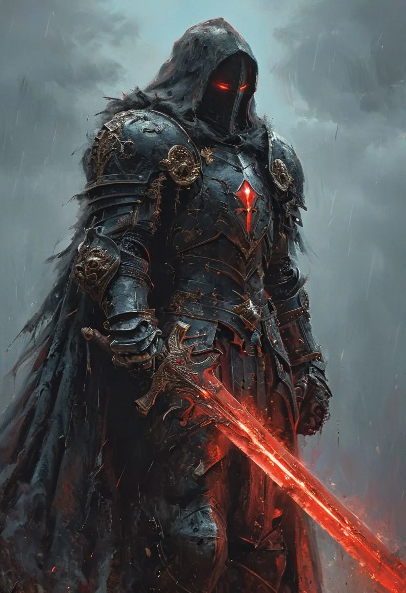 A stunning, highly detailed dark fantasy full body illustration of a proud demonic warrior wearing intricate medieval black HKStyle armor and an epic black ornamented mask, holding a great crimson glowing sword, red glooming eyes, very wide shoulders, wearing big gauntlets, epic composition. The warrior stands heroic with a flowing cloak and black hood during a storm with foggy gloom, thunderclouds in the background . The scene depicts him with brooding emotional agony , style by Greg Rutkowski, by Milo Manara and Russ Mills, with insanely intricate details and textures, gloomy dramatic lighting, 8K resolution