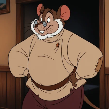 masterpiece, best quality, amazing quality, papam0us3, male, furry male, anthro, solo, mouse, brown fur, white beard, black eyes, brown nose, whiskers, buck teeth, tail, chubby, glasses, tan shirt, button, patch, brown belt, brown pants, standing, smile, hands on hips, indoors, living room