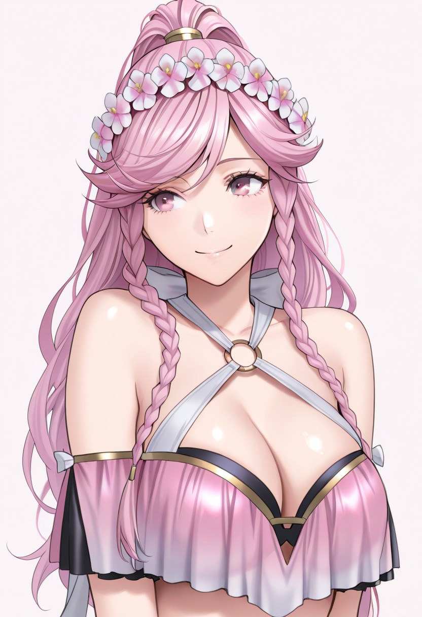 masterpiece, best quality, crimsonj-girl.fightil, , , 
  1girl, OliviaSummer, long hair, braid, twin braids, side braid, ponytail, hair ornament, hair flower, pink eyes, bikini, swimsuit, jewelry, breasts,
upper body, body, smiling,
simple background,