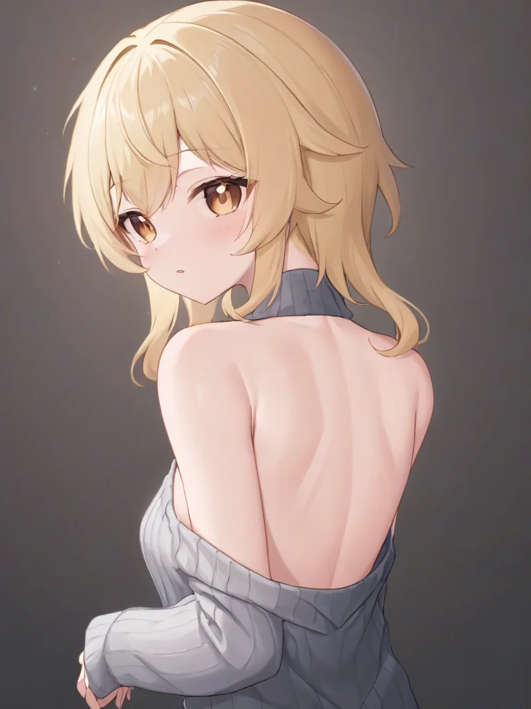 <lora:xl_ying girl-000005:1>,ying girl,blonde hair,ribbed sweater,bare arms,bare back,