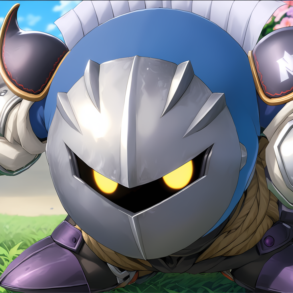 MetaknightXL, mask, eyes <lora:MetaknightXL:1>, (anime, masterpiece, intricate:1.3), (best quality, hires textures, high detail:1.2), (4k),(incredibly detailed:1.4),UHD, 8K, ultra detailed