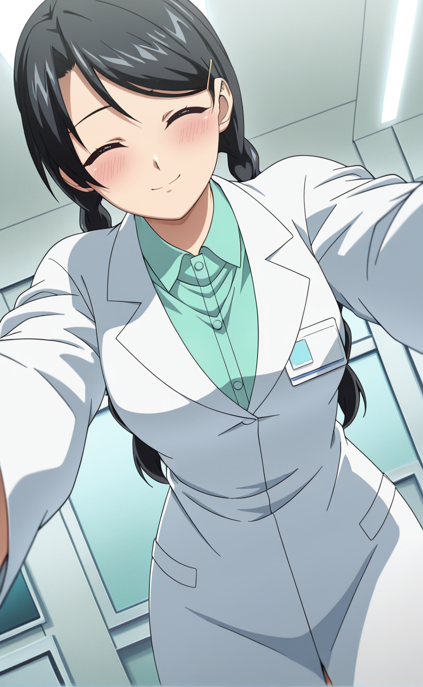 1girl,e1fnsa1t0,anime coloring,solo,twin braids,black hair,closed-eyes  ,medium breasts,hairpin,lab coat,indoors,lab,smile ,cowboy shot   ,reaching towards viewer ,dutch angle ,,blush,close-up,pov  ,looking at viewer,best quality,masterpiece,sensitive, <lora:elfenliedsaitoNoobAI:1>