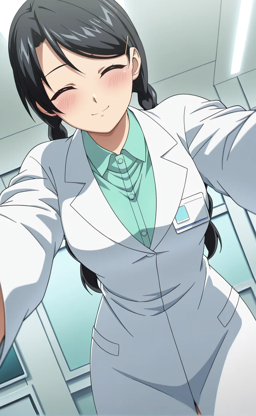 1girl,e1fnsa1t0,anime coloring,solo,twin braids,black hair,closed-eyes ,medium breasts,hairpin,lab coat,indoors,lab,smile ,cowboy shot ,reaching towards viewer ,dutch angle ,,blush,close-up,pov ,looking at viewer,best quality,masterpiece,sensitive, <lora:elfenliedsaitoNoobAI:1>