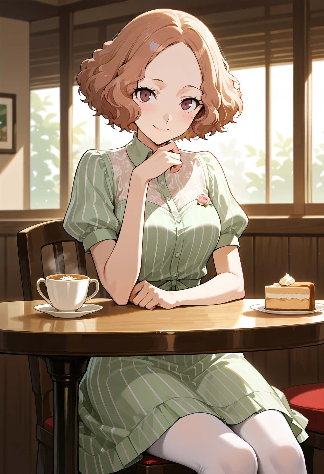 (masterwork, masterpiece, best quality, hyper-detailed),
1 girl, solo, 
p5haru, brown hair, short hair, wavy hair,
p5haru-summercas, dress, striped dress, light green dress, pink rose, rose embroidery, short sleeves, puffy sleeves, white pantyhose,
indoors, cafe, sitting at table, latte, looking at viewer, smile, cowboy shot,