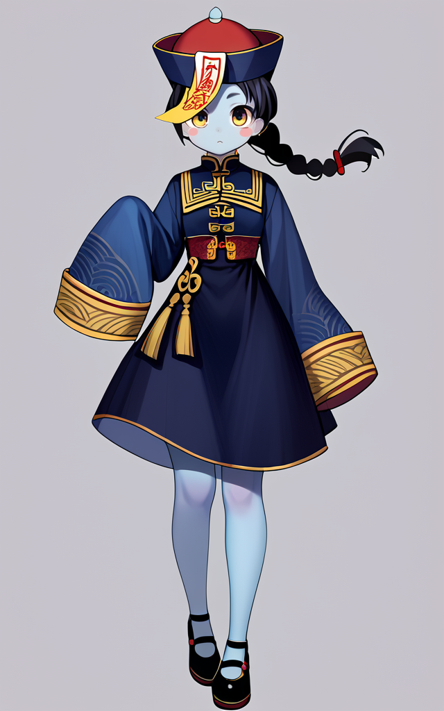 score_9,score_8_up,score_7_up,
<lora:jiangshiPony:1>,jiangshi,1girl,solo,hat,qing guanmao,black hair,blush stickers,colored skin,braid,blue skin,sleeves past wrists,dress,ofuda,full body,chinese clothes,long sleeves,black dress,frills,sleeves past fingers,black footwear,bangs,