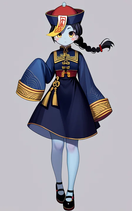 score_9,score_8_up,score_7_up,
<lora:jiangshiPony:1>,jiangshi,1girl,solo,hat,qing guanmao,black hair,blush stickers,colored skin,braid,blue skin,sleeves past wrists,dress,ofuda,full body,chinese clothes,long sleeves,black dress,frills,sleeves past fingers,black footwear,bangs,