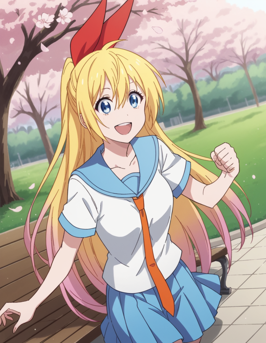 score_9, score_8_up, score_7_up, source_anime, <lora:chitoge-kirisaki-s2-ponyxl-lora-nochekaiser:1>, chitoge kirisaki, long hair, blue eyes, blonde hair, ribbon, hair between eyes, very long hair, hair ribbon, multicolored hair, red ribbon, gradient hair, medium breasts,, skirt, shirt, thighhighs, school uniform, collarbone, white shirt, pleated skirt, necktie, serafuku, sailor collar, red ribbon, blue skirt, blue sailor collar,, park, cherry blossoms, bench, gentle breeze, peaceful, running, open mouth,, smile, , smile, from side, solo,, cowboy shot, dutch angle